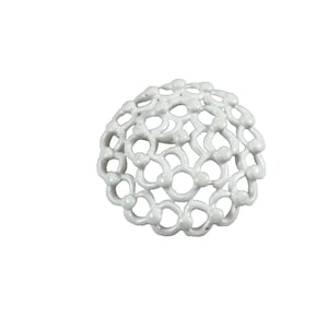 Vintage Signed Monet White Enamel Brooch | Gold Tone Openwork Lattice Ball Pin | Mid Century Retro Geometric Statement Jewelry
