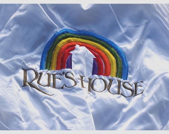 Vintage 80s Auburn Sportswear White Satin Jacket | Custom Rainbow Embroidery Rue's House | Made in USA Men's Size XXL 28x26
