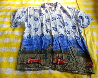 Vintage Pineapple Connection Hawaiian Shirt Mens Large, Blue Rayon Aloha Shirt with Woody Car Print, 90s Retro Resortwear Camp Collar Top