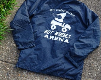 Vintage 80s Kmart Mite League Hot Wheels Arena Roller Skate Snap Jacket | Navy Blue Graphic Coat | Youth M / Women's XS 18x25