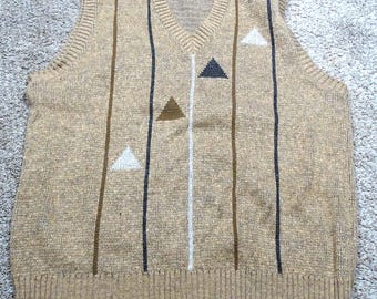 Vintage London Fog Men's XL V-Neck Sweater Vest - Geometric Stripes & Triangles - Made in USA 70s/80s