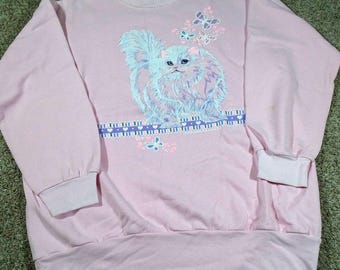Vintage Largen 90s Pink Persian Cat Custom Puff Paint Sweatshirt Distressed Fading 1 of 1