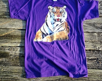 Vintage 90s Jerzees Tiger Graphic T-Shirt - Medium Purple Puff Paint Made in USA