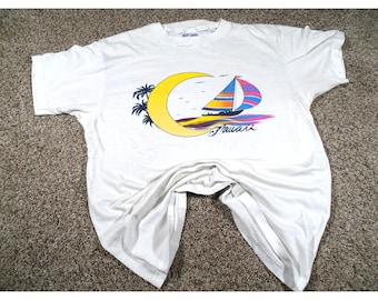 Vintage 80s Hawaii Sailboat Graphic T-Shirt L, Hanes Fifty-Fifty Made in USA Neon Crescent Moon, Distressed Paper Thin Soft Beach Tee