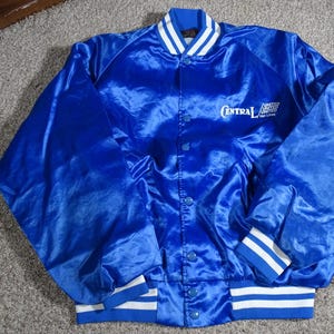 Vintage 80s Dunbrooke Pla-Jac Blue Satin Bomber Jacket | Central Van Lines | Made in USA | Large