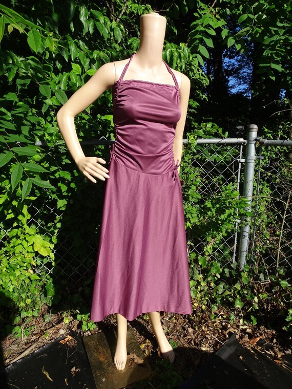 halter disco dress Vintage 70s Plum Multiway Ruched Midi Shawl Set Size XS S CRYSTAL-BODICE