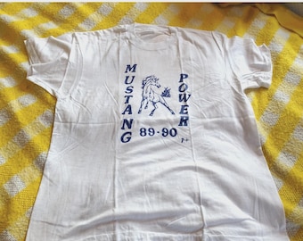 Vintage Horse T Shirt 1989 1990 Mustang Power Wild Stallion Graphic Tee White Soft Thin Distressed Western Cowgirl Tee Size S M