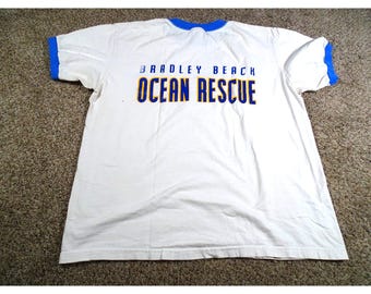 Vintage Bradley Beach Ringer T Shirt Medium, Big Back Graphic Lifeguard Tee, Anvil Ocean Rescue Faded Trim Top, New Jersey Distressed Surf