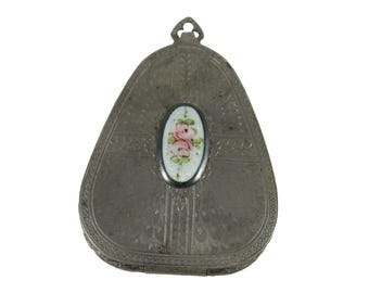 Antique Art Deco Silver Compact Mirror Guilloche Enamel Vanity Case Etched Peacock Feather Design Rare Vintage 1920s Powder Box Collectible