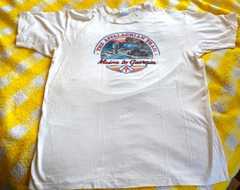 1986 Appalachian Trail T-Shirt XL, Vintage Thru-Hiker Maine to Georgia Graphic Tee, Distressed Hanes 50/50 Single Stitch Thrashed 1980s USA