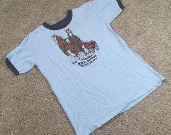 True Vintage 70s 80s Busch Gardens Tampa Florida Ringer T-Shirt Clydesdale Horse Graphic Tee Theme Park Souvenir | Adult Large