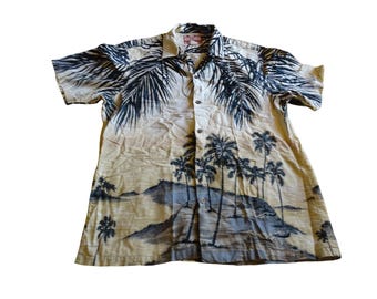 Vtg RJC Hawaiian Shirt Mens L Blue Palm Trees Beach Vacation Aloha Made Hawaii
