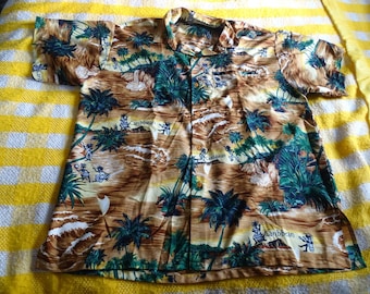 Vintage Caribbean Hawaiian Shirt Mens XL Rayon Tropical Palm Tree Allover Print Button Down Retro 90s Summer Casual Camp Cruise Shirt
