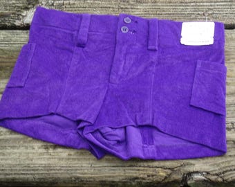 Rare 1970s Liberty Scene Jeans Purple Hot Pants, Deadstock Archive Counterculture Fashion, Canvas Festival Utility Mini Shorts, Modern 0