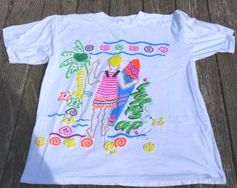 Vintage 80s Neon Puff Paint Surfs Up Surfing Neon White T-shirt Size XL Cotton Pink Orange Blue Beach Vibe