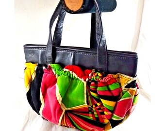 Vintage 1960s Emilio Pucci by Jana Velvet Handbag, Psychedelic Stained Glass Pattern Top Leather Handle Purse