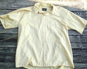 Vintage 1970s Sears Perma Prest Button Up Shirt Men's Large | Retro Subtle Woven Pattern Short Sleeve Top Duralon Poly Blend