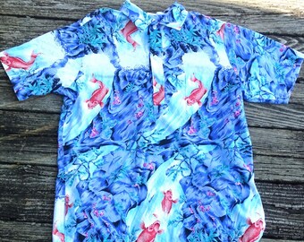 Vintage 1960s Hukilau Fashions Hawaiian Shirt Made in USA Hawaii Koi Fish Abstract Aloha Button Up | Size Large Medium 60s Retro Resort Wear