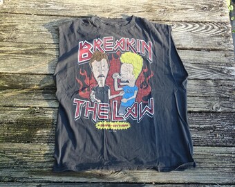 Vintage 90s Beavis and Butt-Head Sleeveless Tee - "Breakin' The Law" Cut-Off Graphic T-Shirt - Distressed Faded Grunge MTV Tee