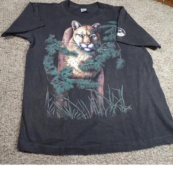 Vintage 90s Cougar Mountain Lion T-Shirt  Made in USA Mango Tropic Adventure Wear Graphic Distressed Thrashed Aesthetic Adult Large