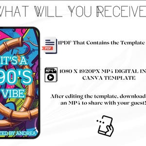May include: A smartphone screen displays a colorful 90's-themed graphic with the text "IT'S A 90'S VIBE". The image includes a PDF icon and a video icon with text describing a digital invite Canva template.