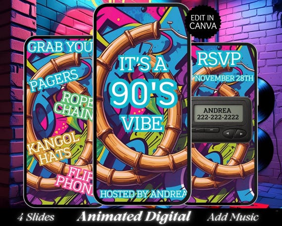 90s Party Video Invitation | Editable Canva 90s Birthday Invite | Boombox Digital MP4 Invite | 90s Theme Adult Party Template