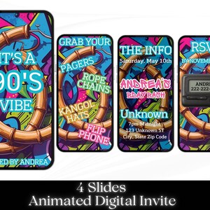 May include: Animated digital invite with a 90s theme. The design features four phone screens with text like "It's a 90's Vibe" and "RSVP by November 28th." The background is colorful graffiti with bamboo hoop earrings.