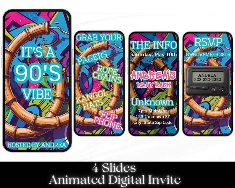 May include: Animated digital invite with a 90s theme. The design features four phone screens with text like "It's a 90's Vibe" and "RSVP by November 28th." The background is colorful graffiti with bamboo hoop earrings.