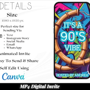 May include: A smartphone displays a digital invitation with a colorful 90's theme. The design features bamboo-like rings and the text "IT'S A 90'S VIBE." The invitation is sized 1080 x 1920 px and is perfect for text, Instagram, social media, email, and WhatsApp.