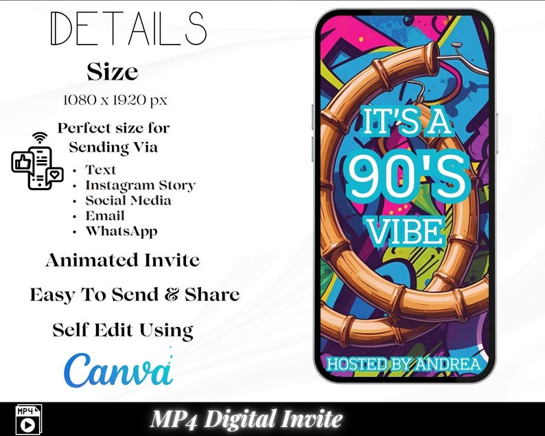 May include: A smartphone displays a digital invitation with a colorful 90's theme. The design features bamboo-like rings and the text "IT'S A 90'S VIBE." The invitation is sized 1080 x 1920 px and is perfect for text, Instagram, social media, email, and WhatsApp.