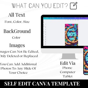 May include: A computer monitor and smartphone display a design with the text "IT'S A 90'S VIBE". The text is in a colorful, graffiti-style design. The image also includes text about editing options for the design.