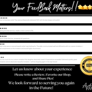 May include: Black and white graphic with customer reviews and the text "Your Feedback Matters!!" Gold stars and a "100% Satisfaction" seal are also featured. The shop name "Andrea Marie" is in the bottom right corner.