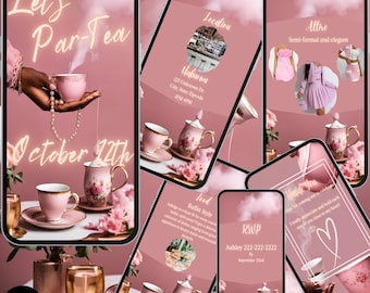 Tea Party Invitation: Elegant Pink Floral Design (Digital Download)