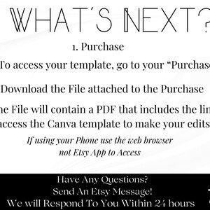 May include: White background with black text that reads "WHAT'S NEXT?" followed by numbered instructions for accessing a template after purchase. Additional text provides support information, including how to contact the seller.