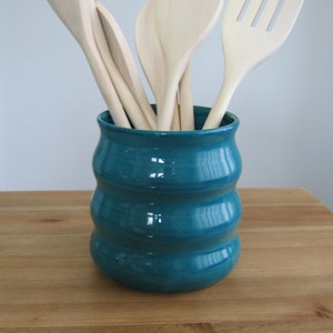 Beehive utensil holder in peacock blue green, Ceramic utensil crock, Stoneware pottery kitchen organizer, Utensil caddy, Bridal shower gift image 1