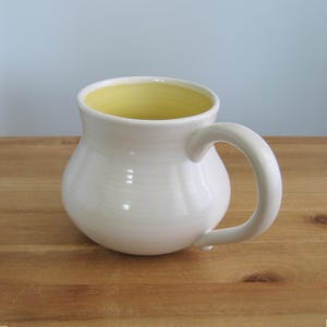 Happy yellow pot belly 16 oz. pottery coffee mug, Large white stoneware ceramic cup