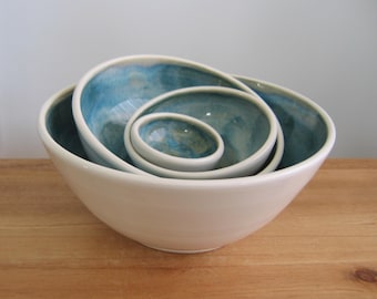 Blue & White Ceramic Nesting Bowls: Modern Stoneware Pottery Stacking Set