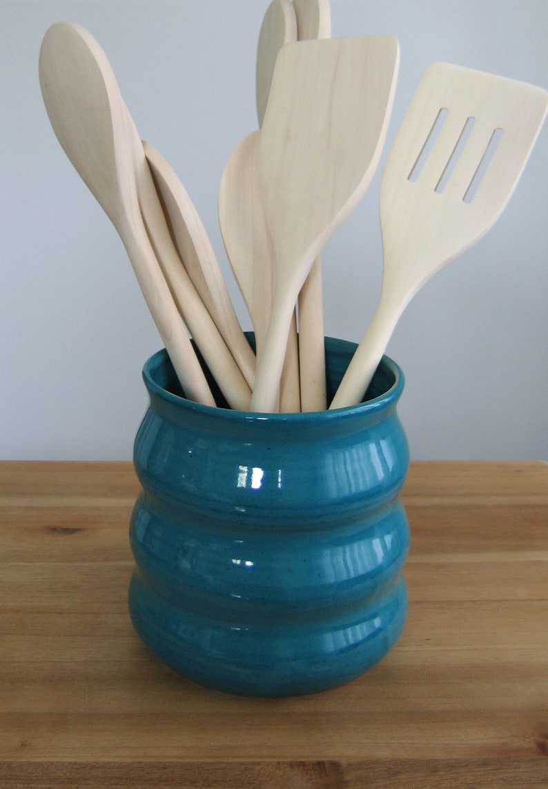 Beehive utensil holder in peacock blue green, Ceramic utensil crock, Stoneware pottery kitchen organizer, Utensil caddy, Bridal shower gift image 3