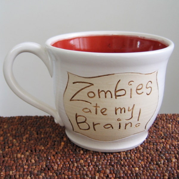 Zombies Ate My Brain Mug - Large Pottery Coffee Mug in Cranberry