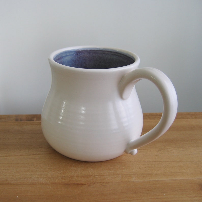 Large fat purple and white mug, 16 oz stoneware coffee gift, Ceramic wheel thrown cup image 6