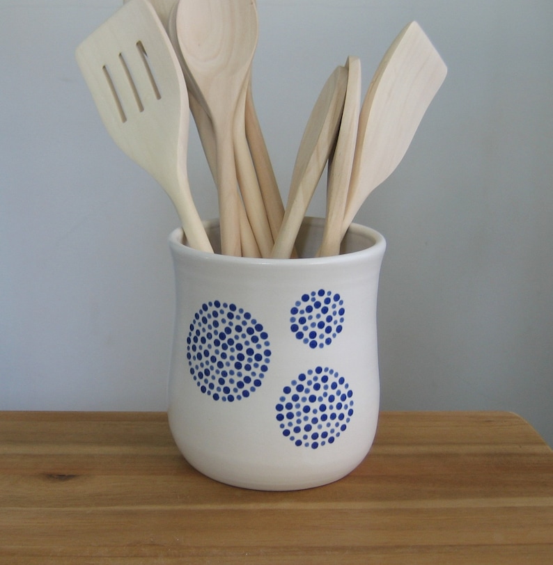 White Utensil Crock With Cobalt Blue Dots Spring Kitchen Etsy