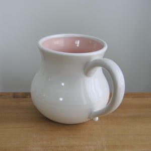Pink and white pot belly coffee mug, Large stoneware ceramic pottery cup 18 oz.