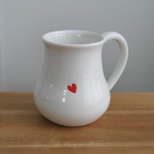 Red Heart Pot Belly Pottery Coffee Mug: Large Modern White Stoneware Cup, 14 oz