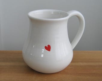 Red Heart Pot Belly Pottery Coffee Mug: Large Modern White Stoneware Cup, 14 oz