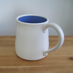 Tall periwinkle pottery mug, Hand thrown simple stoneware ceramic coffee cup, White 20 oz. Self care coffee gifts for men, Dad, Beer stein