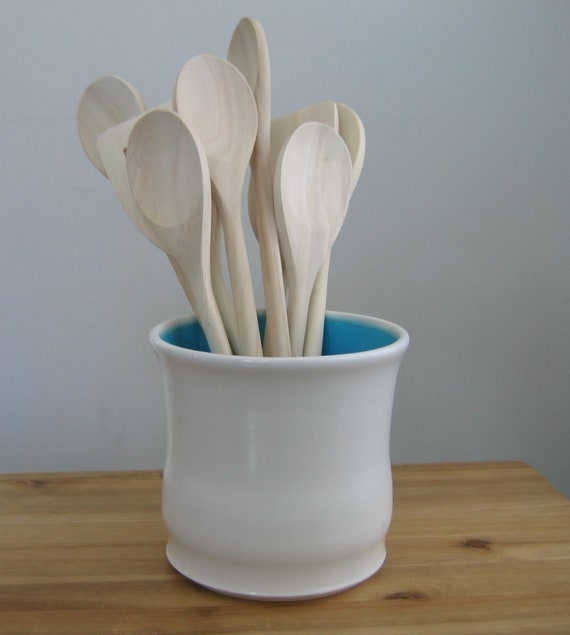 Ceramic Utensil Crock In Turquoise Blue Stoneware Pottery Etsy