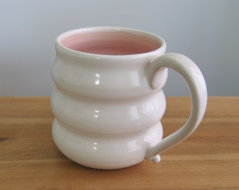Large Pink Coffee Mug, Pottery Beehive Mug, Stoneware Cup, 18 oz Coffee Gift for Her, Modern White Ceramic Fun Mom Gift, Self Care