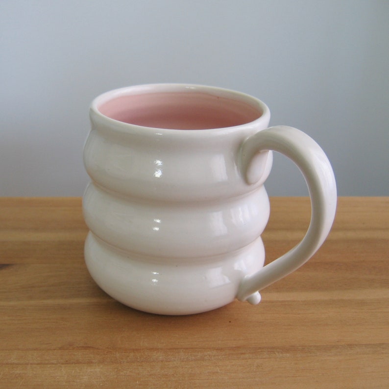 Large Pink Coffee Mug, Pottery Beehive Mug, Stoneware Cup, 18 oz Coffee Gift for Her, Modern White Ceramic Fun Mom Gift, Self Care image 1
