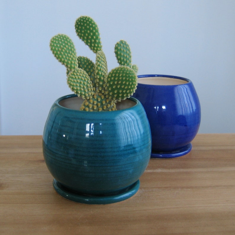 Medium pottery sphere plant pot and drainage tray, White, Peacock or Cobalt, Gardening, Minimalist round ceramic succulent cactus planter image 4
