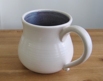 Large fat purple and white mug, 16 oz stoneware coffee gift, Ceramic wheel thrown cup